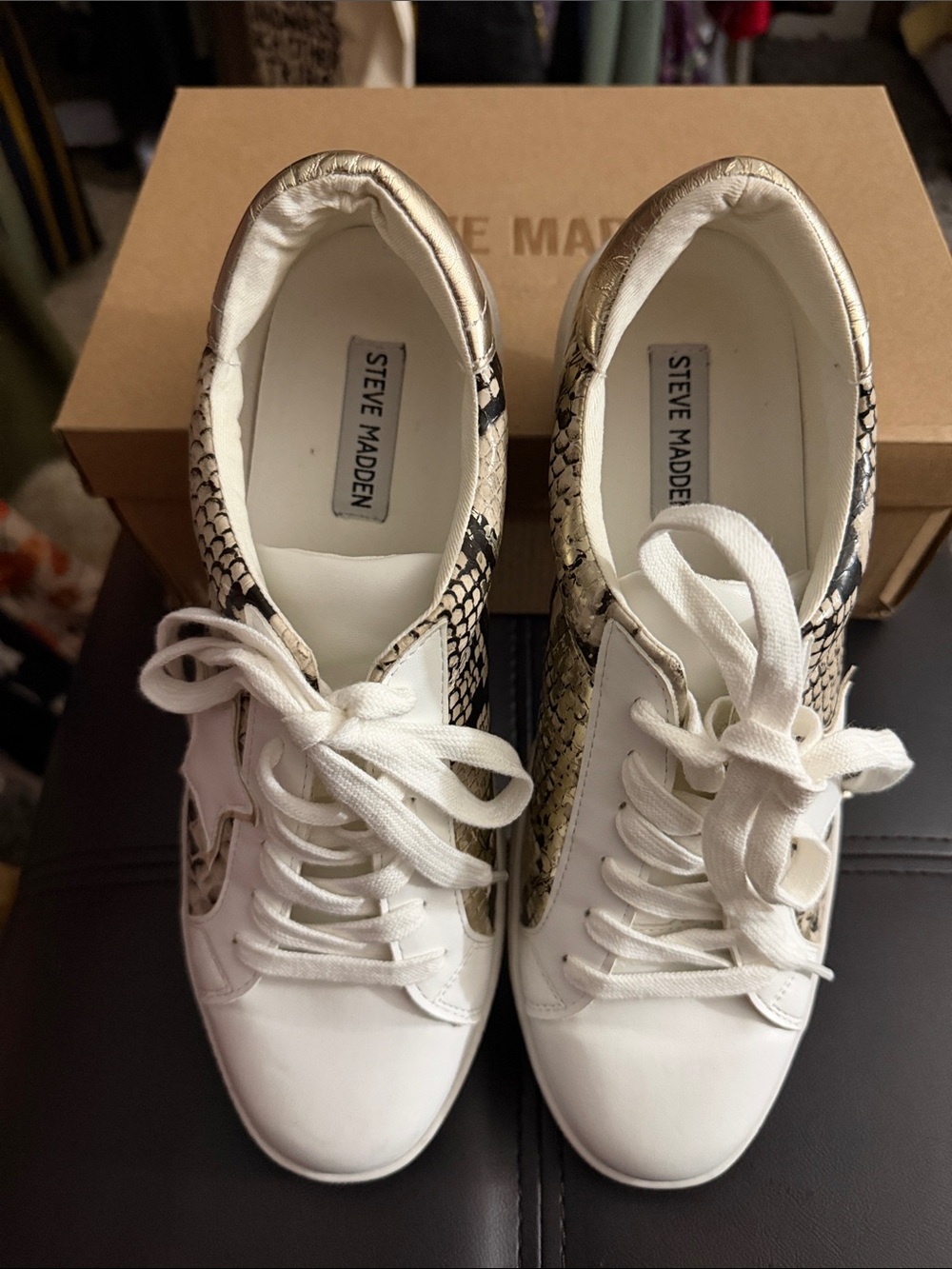 Steve Madden White Sneakers with Gold Snake-Print Panels